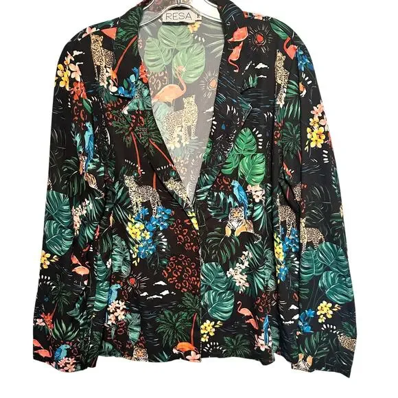 RESA Jungle Blazer Top Womens Medium Black Leopard Toucan Flamingo Floral Topper - Picture 1 of 8